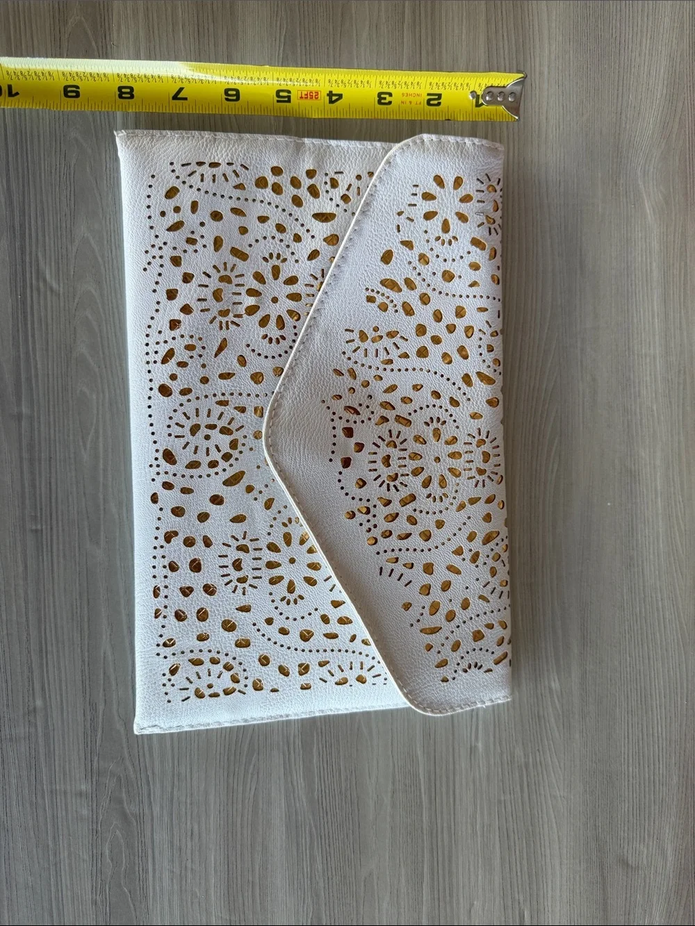 White & Gold Laser-Cut Envelope Clutch